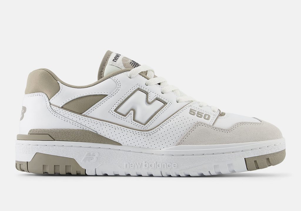 Le modèle New Balance 550 est parsemé de points « Olive » clairs.